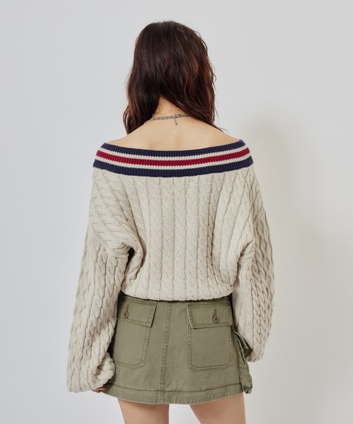 atmos pink(アトモスピンク)の「atmos pink Numbering Cable Knit Top / アトモスピンク ナンバリング ケーブル ニット トップ(ニット/セーター・レディース・グレー/オフホワイト・FREE)」の9枚目の写真