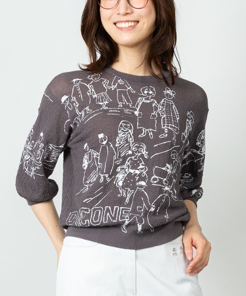 STUDIO PICONE(スタジオピッコーネ)の「コットン混七分袖イラストニット(ニット/セーター・レディース・ホワイト/ライトグリーン/ピンク/グレー・L/M)」の1枚目の写真
