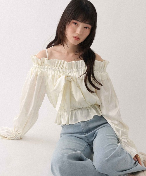 Heather（ヘザー）の「タックリボンオフショルブラウス　656551（シャツ/ブラウス・レディース・アイボリー/ブルー/ピンク・FREE）」の2枚目の写真