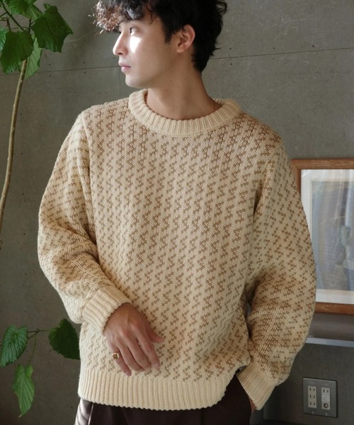 ジャカード総柄クルーネックニット／Sモチーフ × アクリルニット 