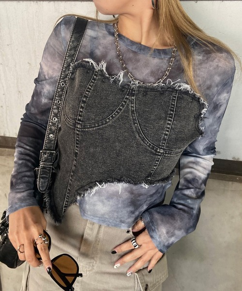 non-hedge(ノンヘッジ)の「イレギュラーヘムデニムベアレイヤード風切替シアートップス(Tシャツ/カットソー・レディース・ブラック/ネイビー/チャコールグレー/オフホワイト・FREE)」の4枚目の写真