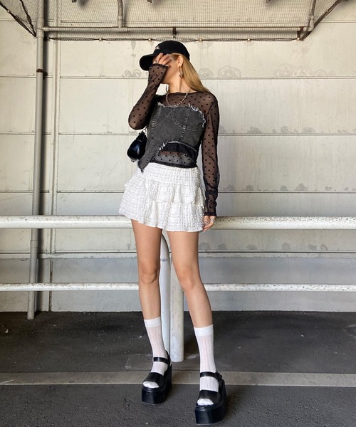 non-hedge(ノンヘッジ)の「イレギュラーヘムデニムベアレイヤード風切替シアートップス(Tシャツ/カットソー・レディース・ブラック/ネイビー/チャコールグレー/オフホワイト・FREE)」の8枚目の写真