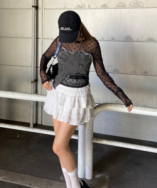 non-hedge(ノンヘッジ)の「イレギュラーヘムデニムベアレイヤード風切替シアートップス(Tシャツ/カットソー・レディース・ブラック/ネイビー/チャコールグレー/オフホワイト・FREE)」の9枚目の写真