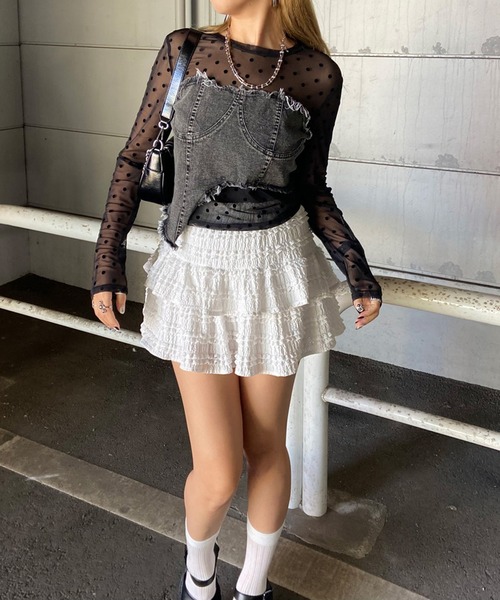 non-hedge(ノンヘッジ)の「イレギュラーヘムデニムベアレイヤード風切替シアートップス(Tシャツ/カットソー・レディース・ブラック/ネイビー/チャコールグレー/オフホワイト・FREE)」の10枚目の写真