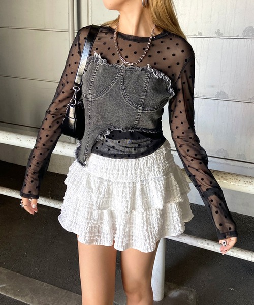non-hedge(ノンヘッジ)の「イレギュラーヘムデニムベアレイヤード風切替シアートップス(Tシャツ/カットソー・レディース・ブラック/ネイビー/チャコールグレー/オフホワイト・FREE)」の11枚目の写真