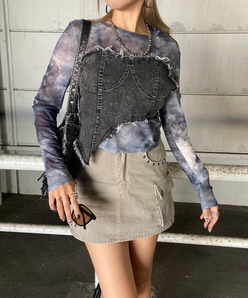 non-hedge(ノンヘッジ)の「イレギュラーヘムデニムベアレイヤード風切替シアートップス(Tシャツ/カットソー・レディース・ブラック/ネイビー/チャコールグレー/オフホワイト・FREE)」の16枚目の写真