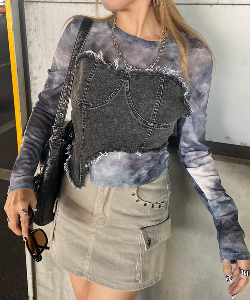 non-hedge(ノンヘッジ)の「イレギュラーヘムデニムベアレイヤード風切替シアートップス(Tシャツ/カットソー・レディース・ブラック/ネイビー/チャコールグレー/オフホワイト・FREE)」の17枚目の写真