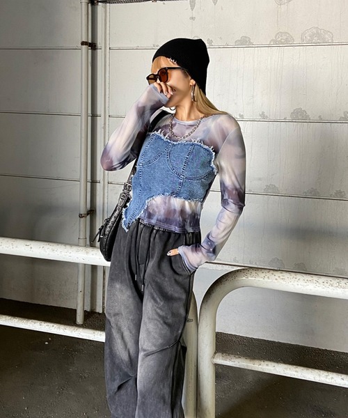 non-hedge(ノンヘッジ)の「イレギュラーヘムデニムベアレイヤード風切替シアートップス(Tシャツ/カットソー・レディース・ブラック/ネイビー/チャコールグレー/オフホワイト・FREE)」の19枚目の写真