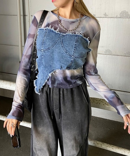 non-hedge(ノンヘッジ)の「イレギュラーヘムデニムベアレイヤード風切替シアートップス(Tシャツ/カットソー・レディース・ブラック/ネイビー/チャコールグレー/オフホワイト・FREE)」の21枚目の写真