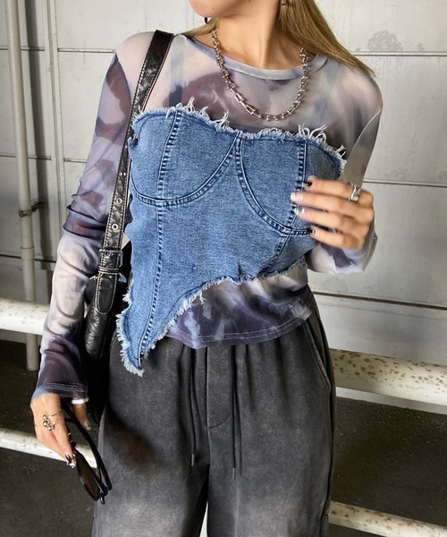 non-hedge(ノンヘッジ)の「イレギュラーヘムデニムベアレイヤード風切替シアートップス(Tシャツ/カットソー・レディース・ブラック/ネイビー/チャコールグレー/オフホワイト・FREE)」の22枚目の写真