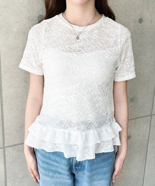 moment+(モーメントプラス)の「フラワーレース裾フリルカットソー(Tシャツ/カットソー・レディース・ブラック/オフホワイト/ナチュラル・M/L)」の7枚目の写真
