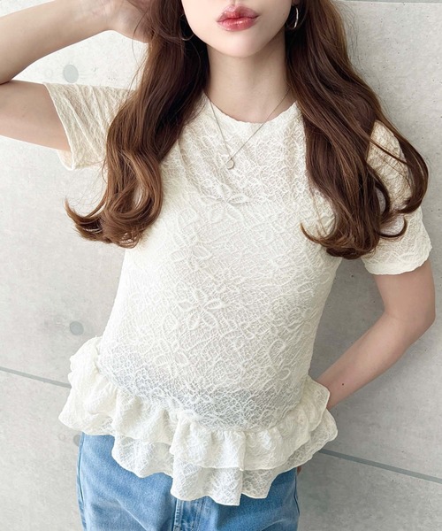 moment+(モーメントプラス)の「フラワーレース裾フリルカットソー(Tシャツ/カットソー・レディース・ブラック/オフホワイト/ナチュラル・M/L)」の12枚目の写真