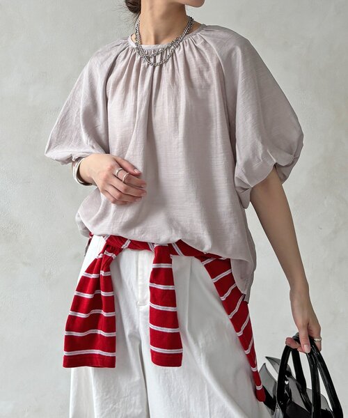 DouDou(ドゥドゥ)の「【WEB限定】シアースラブ袖バルーンブラウス(シャツ/ブラウス・レディース・イエロー/ブラック/グレイッシュベージュ・FREE)」の1枚目の写真