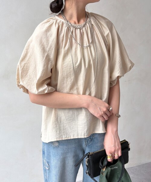 DouDou(ドゥドゥ)の「【WEB限定】シアースラブ袖バルーンブラウス(シャツ/ブラウス・レディース・イエロー/ブラック/グレイッシュベージュ・FREE)」の13枚目の写真