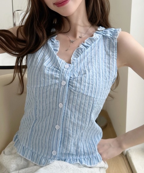 Ada.(エイダ)の「ギャザーフリル フロントボタン キャミソール風 トップス(シャツ/ブラウス・レディース・ホワイト/グレー/ブルー/アイボリー・FREE)」の17枚目の写真