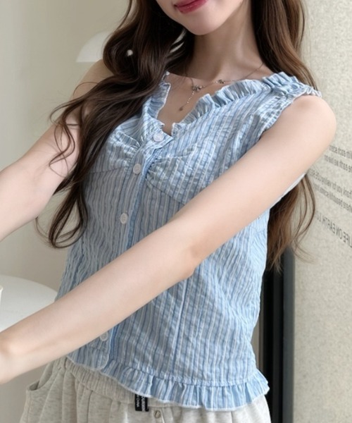 Ada.(エイダ)の「ギャザーフリル フロントボタン キャミソール風 トップス(シャツ/ブラウス・レディース・ホワイト/グレー/ブルー/アイボリー・FREE)」の19枚目の写真