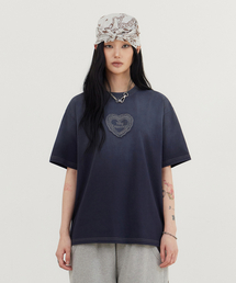 ハートアップリケ半袖Tシャツネイビー