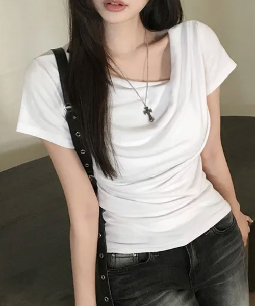 セール】ドレープネック リブ 半袖トップス（Tシャツ/カットソー