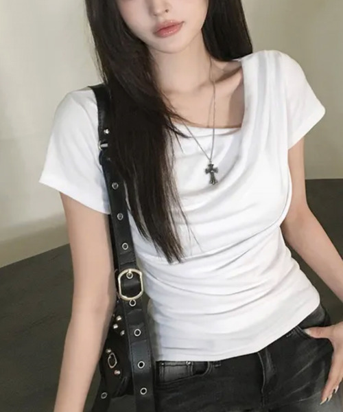VIVID LADY(ビビッドレディー)の「ドレープネック リブ 半袖トップス(Tシャツ/カットソー・レディース・ブラック/チャコールグレー/アイボリー/グレー・FREE)」の14枚目の写真