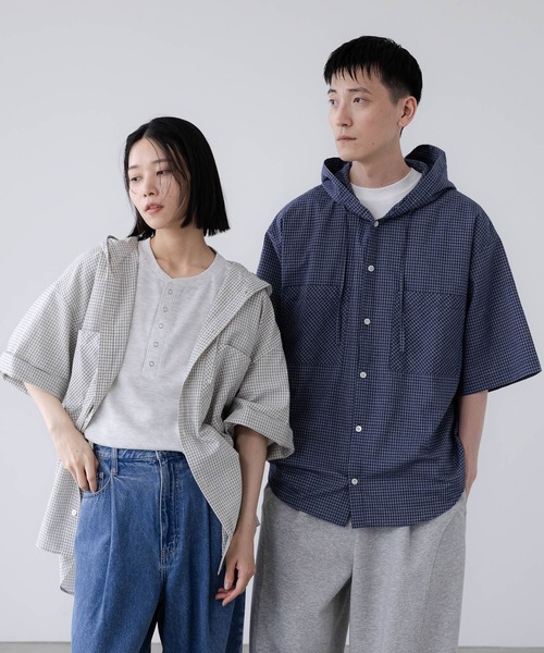 LFM(U)】チェックフーディショートシャツSS 1043924（シャツ