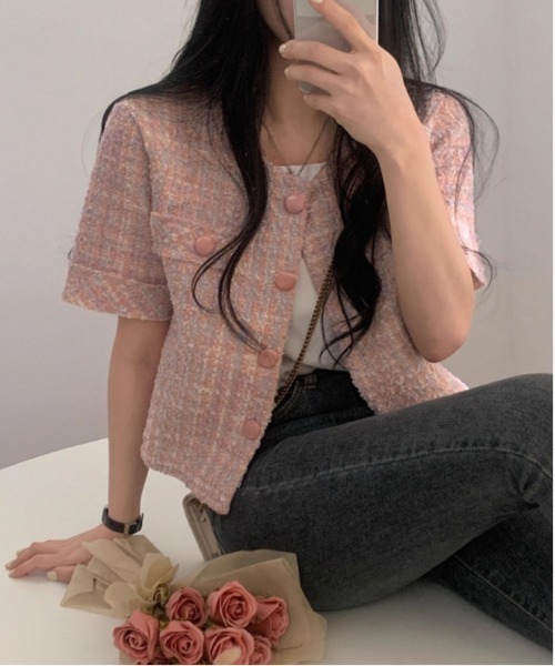 WEGO（ウィゴー）の「26夏ツイードキレイめ半袖ジャケット/羽織り（ノーカラージャケット・レディース・ピンク/アイボリー・MEDIUM/LARGE）」の16枚目の写真