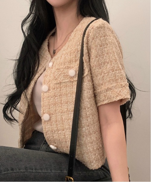 WEGO（ウィゴー）の「26夏ツイードキレイめ半袖ジャケット/羽織り（ノーカラージャケット・レディース・ピンク/アイボリー・MEDIUM/LARGE）」の3枚目の写真