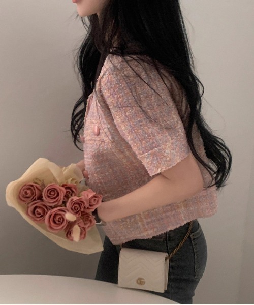 WEGO（ウィゴー）の「26夏ツイードキレイめ半袖ジャケット/羽織り（ノーカラージャケット・レディース・ピンク/アイボリー・MEDIUM/LARGE）」の20枚目の写真