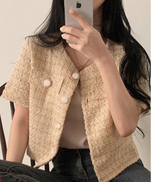 WEGO（ウィゴー）の「26夏ツイードキレイめ半袖ジャケット/羽織り（ノーカラージャケット・レディース・ピンク/アイボリー・MEDIUM/LARGE）」の13枚目の写真