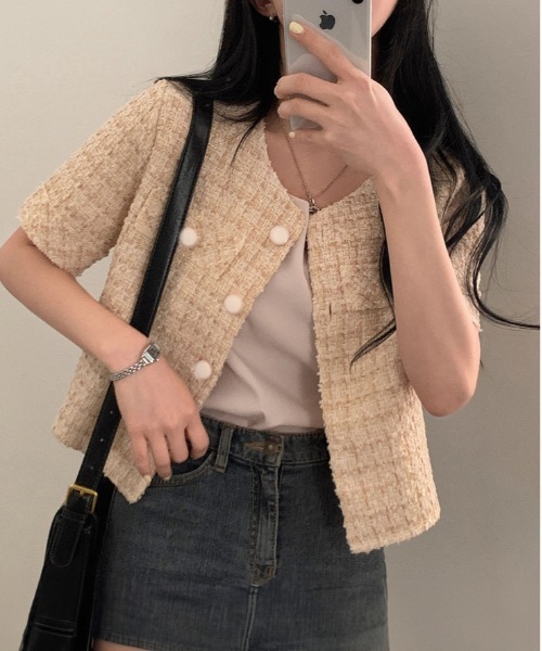 WEGO（ウィゴー）の「26夏ツイードキレイめ半袖ジャケット/羽織り（ノーカラージャケット・レディース・ピンク/アイボリー・MEDIUM/LARGE）」の4枚目の写真