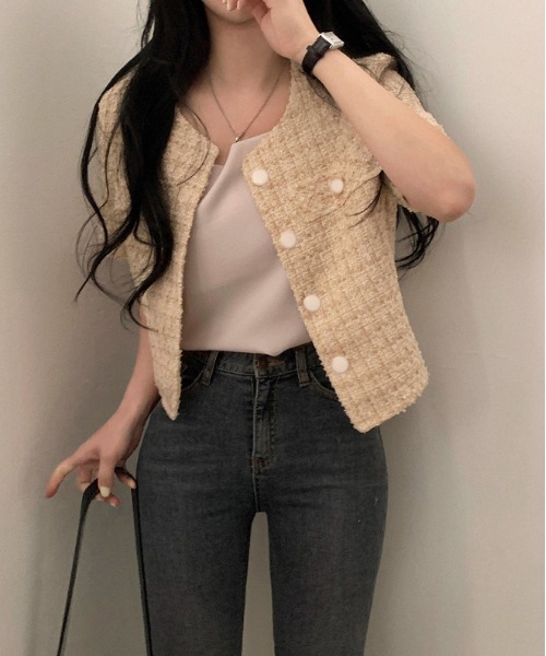 WEGO（ウィゴー）の「26夏ツイードキレイめ半袖ジャケット/羽織り（ノーカラージャケット・レディース・ピンク/アイボリー・MEDIUM/LARGE）」の10枚目の写真