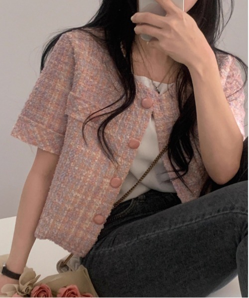 WEGO（ウィゴー）の「26夏ツイードキレイめ半袖ジャケット/羽織り（ノーカラージャケット・レディース・ピンク/アイボリー・MEDIUM/LARGE）」の17枚目の写真