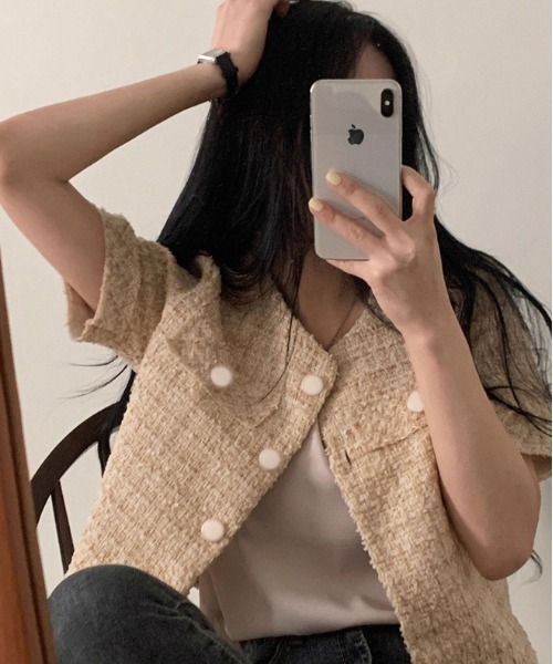 WEGO（ウィゴー）の「26夏ツイードキレイめ半袖ジャケット/羽織り（ノーカラージャケット・レディース・ピンク/アイボリー・MEDIUM/LARGE）」の15枚目の写真