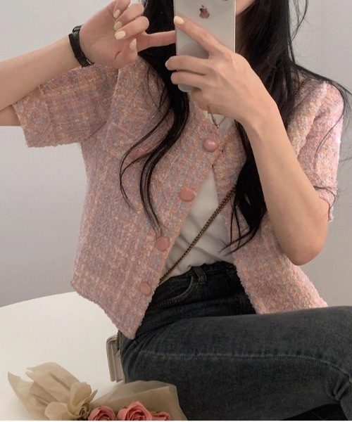 WEGO（ウィゴー）の「26夏ツイードキレイめ半袖ジャケット/羽織り（ノーカラージャケット・レディース・ピンク/アイボリー・MEDIUM/LARGE）」の8枚目の写真