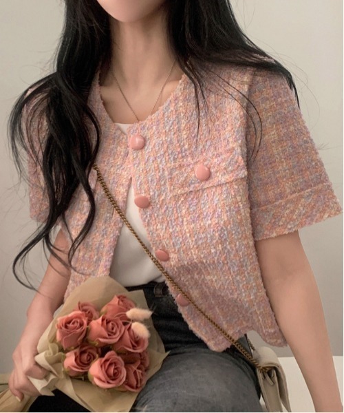 WEGO（ウィゴー）の「26夏ツイードキレイめ半袖ジャケット/羽織り（ノーカラージャケット・レディース・ピンク/アイボリー・MEDIUM/LARGE）」の7枚目の写真