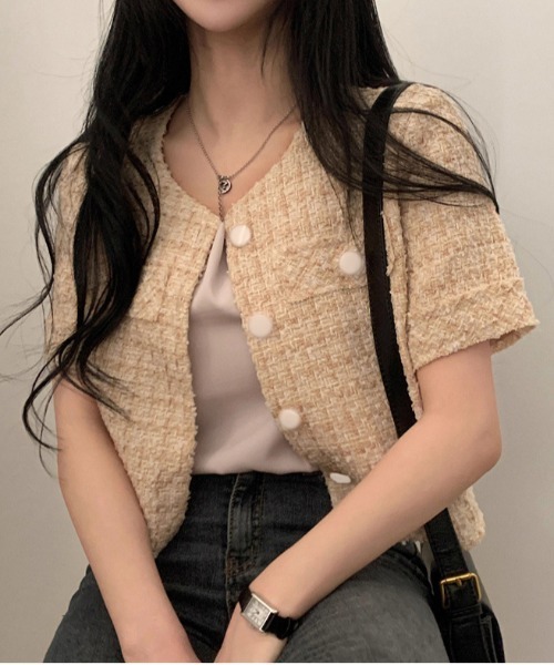 WEGO（ウィゴー）の「26夏ツイードキレイめ半袖ジャケット/羽織り（ノーカラージャケット・レディース・ピンク/アイボリー・MEDIUM/LARGE）」の9枚目の写真