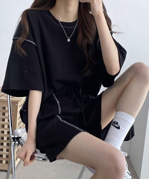 Flugge（フラッジー）の「アウトステッチTシャツ+ハーフパンツ（その他トップス・レディース・ベージュ/ブラック・FREE）」の4枚目の写真