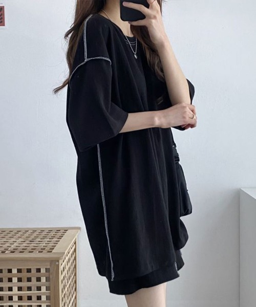 Flugge（フラッジー）の「アウトステッチTシャツ+ハーフパンツ（その他トップス・レディース・ベージュ/ブラック・FREE）」の5枚目の写真