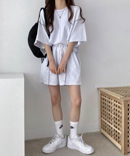 Flugge（フラッジー）の「アウトステッチTシャツ+ハーフパンツ（その他トップス・レディース・ベージュ/ブラック・FREE）」の9枚目の写真
