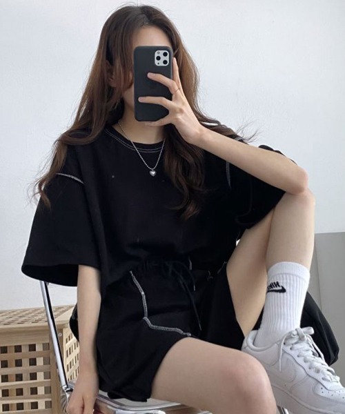 Flugge（フラッジー）の「アウトステッチTシャツ+ハーフパンツ（その他トップス・レディース・ベージュ/ブラック・FREE）」の15枚目の写真