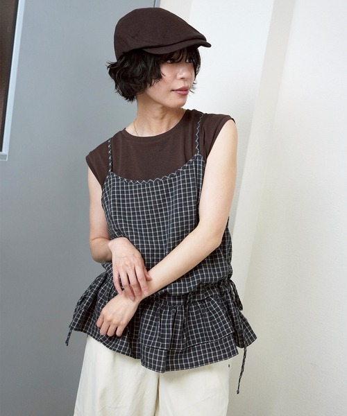 gossara（ゴサラ）の「【着るだけで華やぐ】グラフチェックペプラムキャミ（キャミソール・レディース・ブラック/ホワイト・FREE）」の4枚目の写真