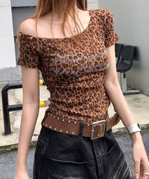 キラキラストーンロゴレオパードワンショル半袖Tシャツ
