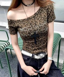 キラキラストーンロゴレオパードワンショル半袖Tシャツ