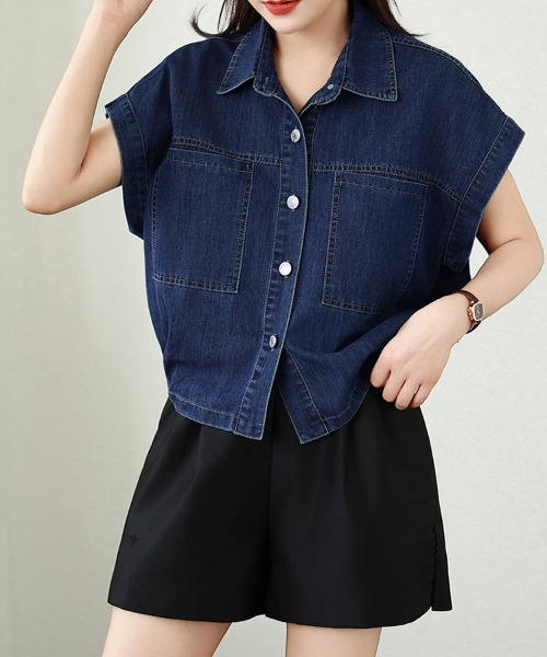 ONEP STAR（ワンピスター）の「デニム生地襟付きシャツブラウス（シャツ/ブラウス・レディース・ブルー・MEDIUM/LARGE/X-LARGE）」の2枚目の写真
