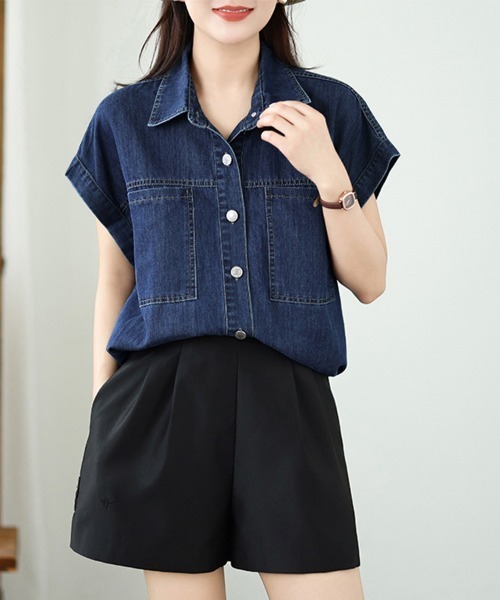 ONEP STAR（ワンピスター）の「デニム生地襟付きシャツブラウス（シャツ/ブラウス・レディース・ブルー・MEDIUM/LARGE/X-LARGE）」の3枚目の写真