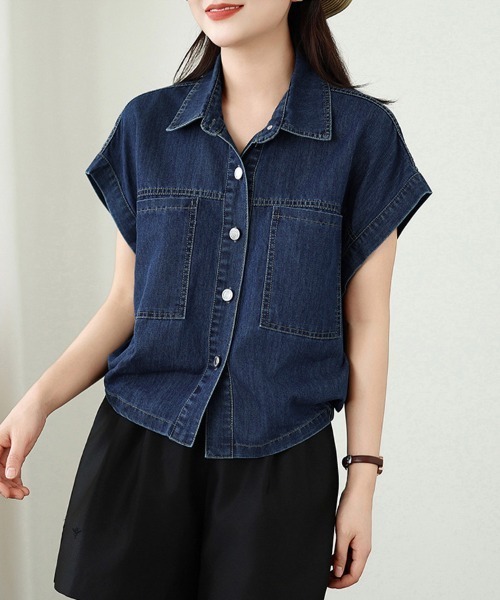 ONEP STAR（ワンピスター）の「デニム生地襟付きシャツブラウス（シャツ/ブラウス・レディース・ブルー・MEDIUM/LARGE/X-LARGE）」の5枚目の写真
