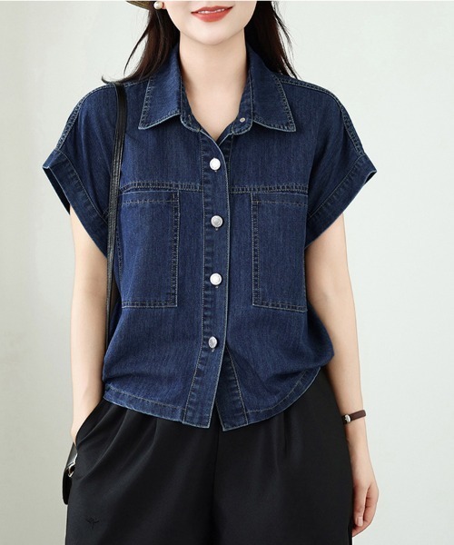 ONEP STAR（ワンピスター）の「デニム生地襟付きシャツブラウス（シャツ/ブラウス・レディース・ブルー・MEDIUM/LARGE/X-LARGE）」の6枚目の写真