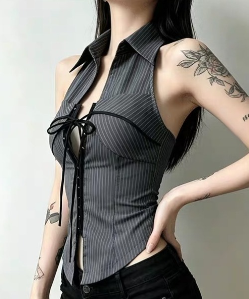 .KOM（ドットコム）の「A'GEM/9 × .kom 『.KOM/ドットケーオーエム』STRIPE RIBBON HALTER TOP / ストライプリボンホルタートップス（タンクトップ・レディース・ブラック/グレー・S）」の12枚目の写真