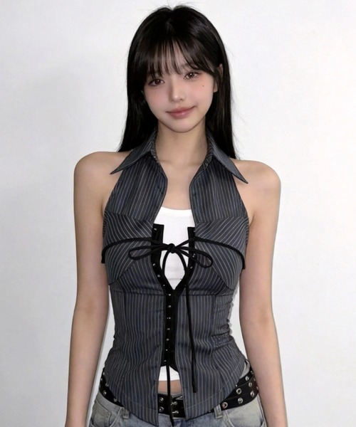 .KOM（ドットコム）の「A'GEM/9 × .kom 『.KOM/ドットケーオーエム』STRIPE RIBBON HALTER TOP / ストライプリボンホルタートップス（タンクトップ・レディース・ブラック/グレー・S）」の10枚目の写真