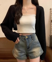 透かし編み パフスリーブ サマーニット ボレロ カーディガン 日焼け対策
