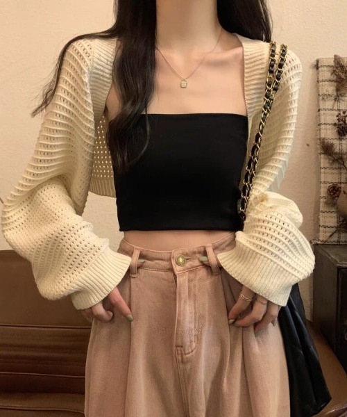 Beststore（ベストストア）の「透かし編み パフスリーブ サマーニット ボレロ カーディガン 日焼け対策（カーディガン/ボレロ・レディース・アイボリー/ダークブラウン/ブラック/カーキ・FREE）」の13枚目の写真